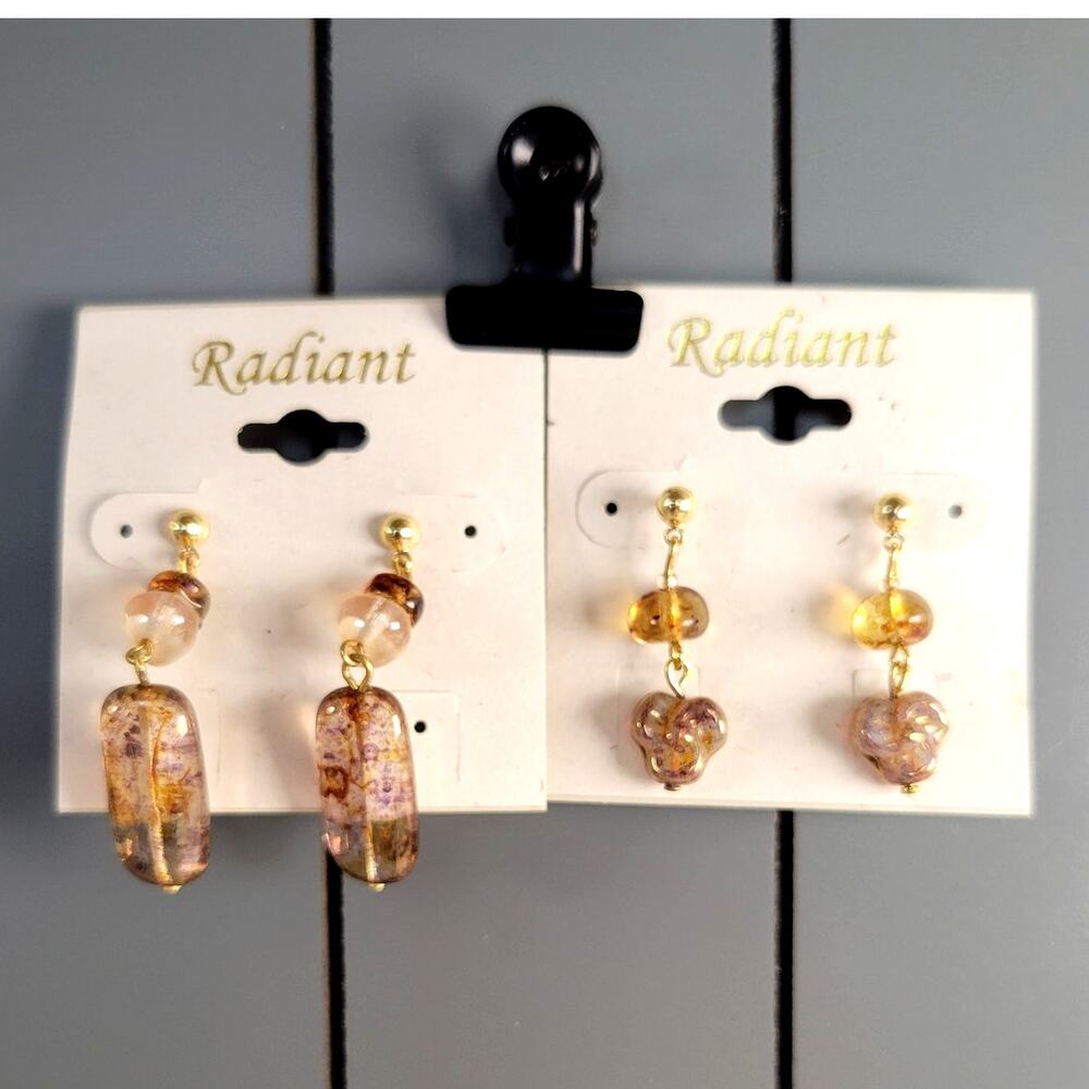 Radiant Earrings 2 Sets Drop Beads Amber Gold Tone Stud Pierced 1–1.5" Gift Bag